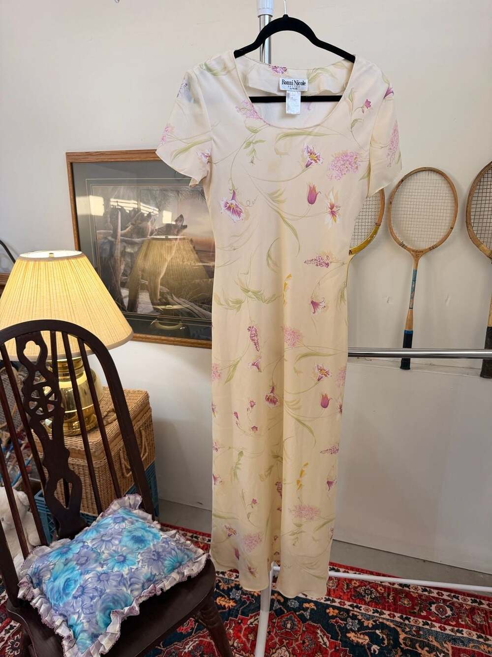 Romantic Cottagecore Petite Floral Dress Cream Short Sleeve Maxi Size 12